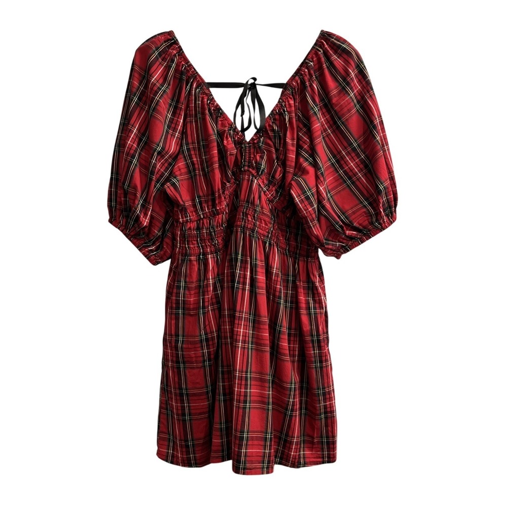 Old Navy‎ Dress Red Plaid Smocked Mini Size 4X Deep V Neck Tie Back Goth Grunge